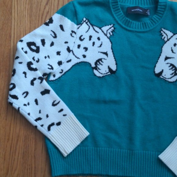 MINKPINK MINK PINK SNOW LEOPARD INTARSIA SWEATER AUTHENTIC GREEN WHITE SMALL - Picture 4 of 10